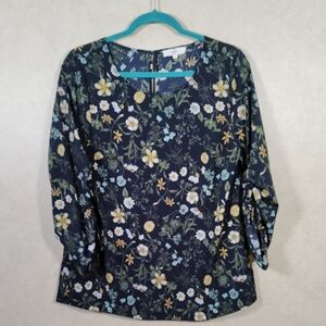 2/$10 04093 Entro navy w/yellow & aqua floral print blouse S